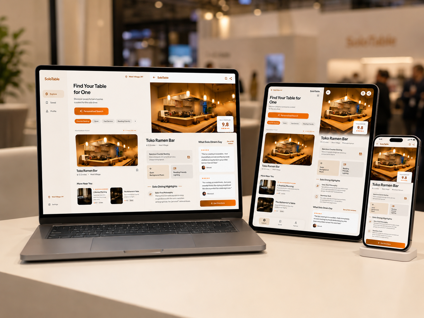SoloTable device mockups on a technology showcase table
